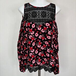 Express Top Medium Black Pink Floral Cold Shoulder Lace Long Sleeve Blouse